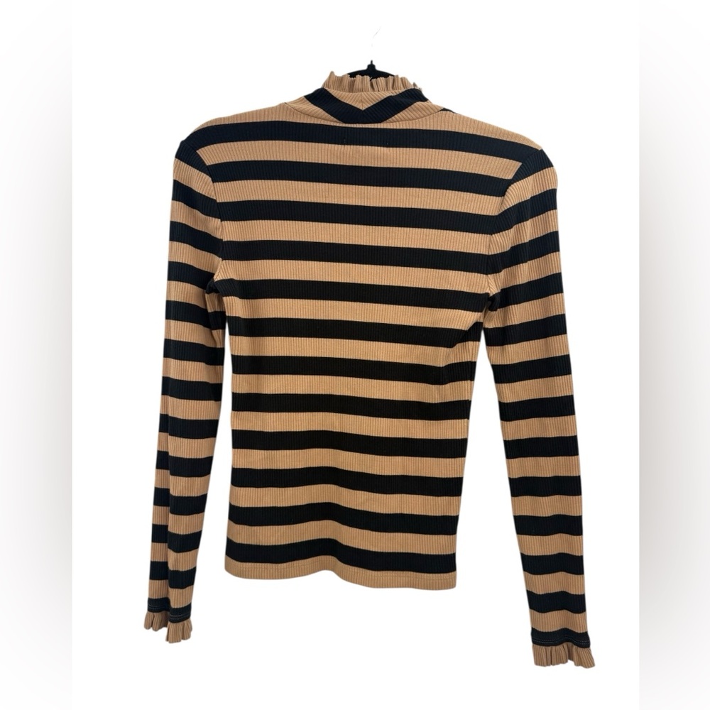 J.Crew Montauk Stripe Ribbed Mockneck XS Sand Black Breton Ruffle Trim - Picture 8 of 16